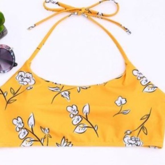 Yellow White Floral Print Bikini Top, Size S - Picture 1 of 1